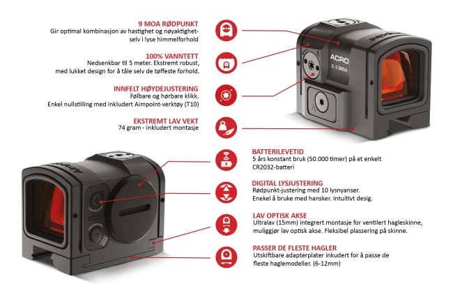 Aimpoint acro S-2, 9 MOA m/ Montasje for hagle